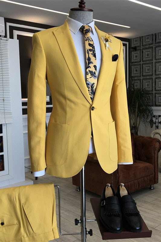 Caleb Fancy Yellow Peaked Lapel Men Suits For Prom
