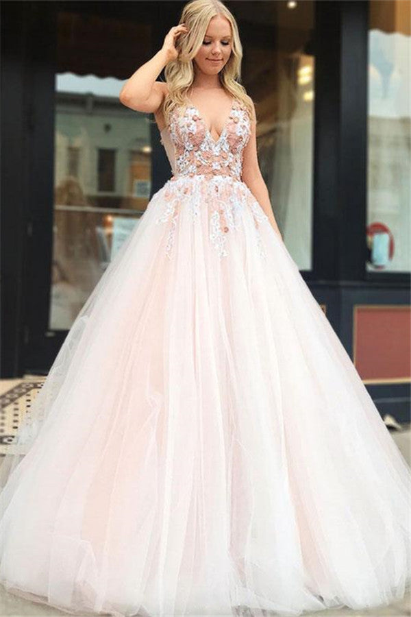 Fascinating Long A-line V-neck Appliques Lace Tulle Backless Prom Dress-BIZTUNNEL