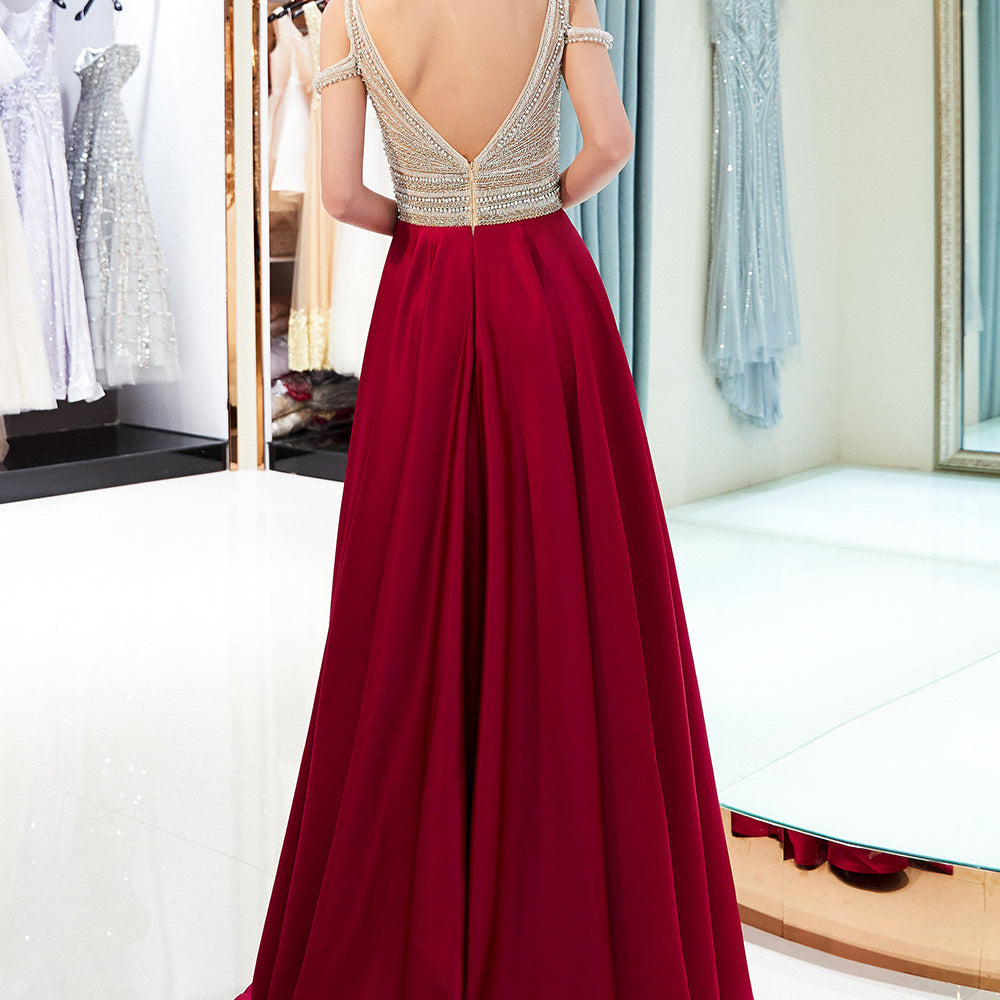 
                  
                    Fascinating Long A-line V-neck Beaded Stretch Satin Evening Dresses-BIZTUNNEL
                  
                