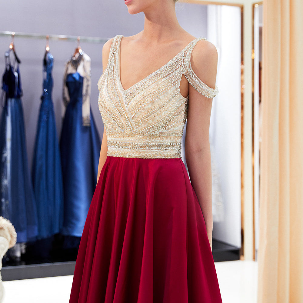 
                  
                    Fascinating Long A-line V-neck Beaded Stretch Satin Evening Dresses-BIZTUNNEL
                  
                