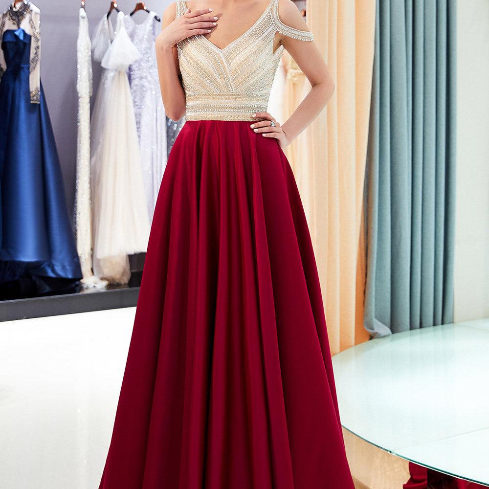 
                  
                    Fascinating Long A-line V-neck Beaded Stretch Satin Evening Dresses-BIZTUNNEL
                  
                