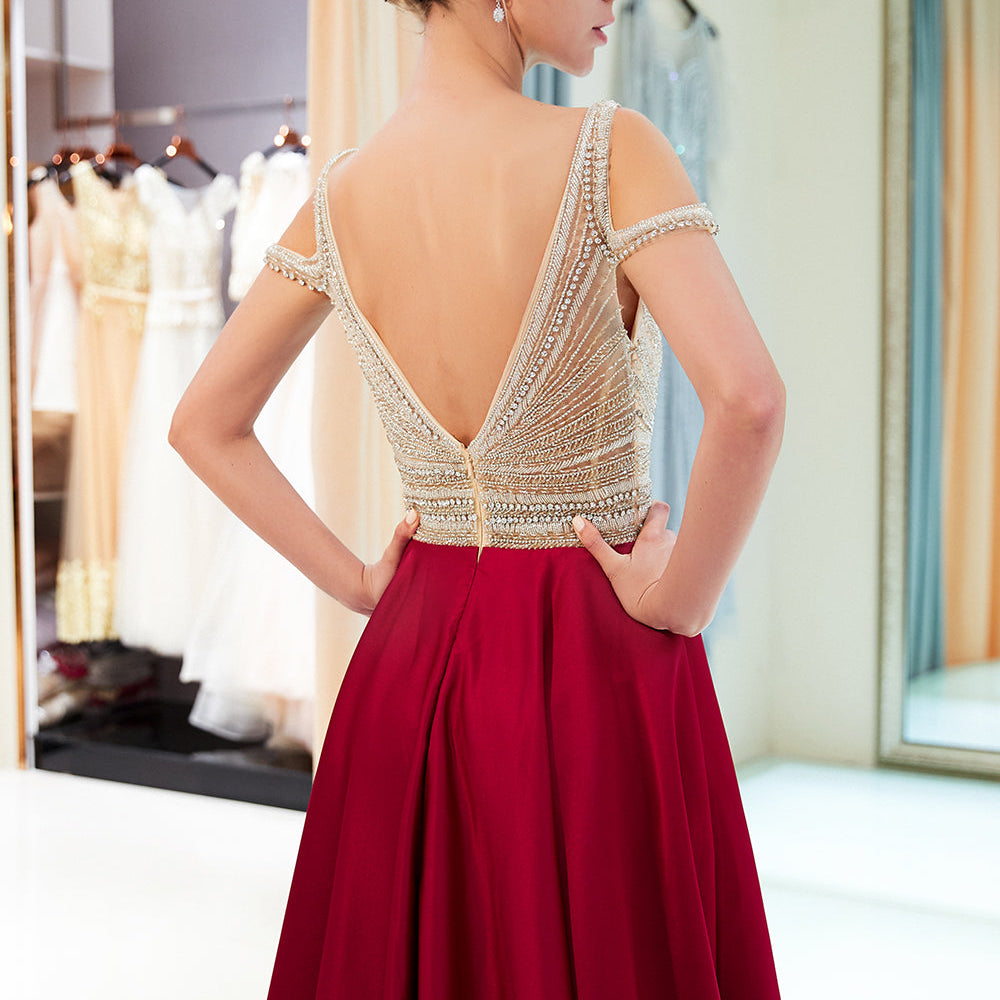 
                  
                    Fascinating Long A-line V-neck Beaded Stretch Satin Evening Dresses-BIZTUNNEL
                  
                