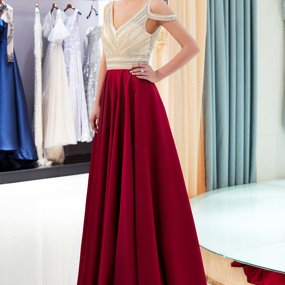 
                  
                    Fascinating Long A-line V-neck Beaded Stretch Satin Evening Dresses-BIZTUNNEL
                  
                