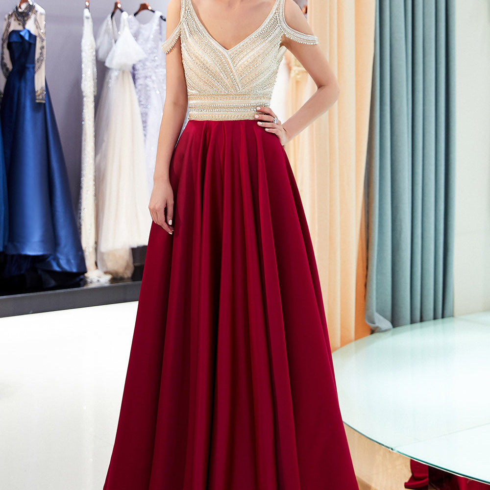 
                  
                    Fascinating Long A-line V-neck Beaded Stretch Satin Evening Dresses-BIZTUNNEL
                  
                