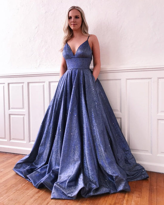 Fascinating Long A-line V-neck Bright silk Prom Dress with Pockets-BIZTUNNEL