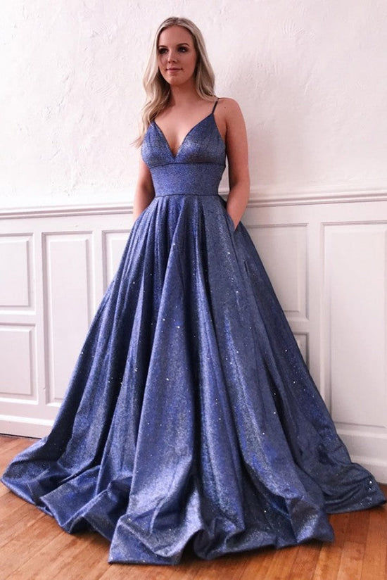 Fascinating Long A-line V-neck Bright silk Prom Dress with Pockets-BIZTUNNEL