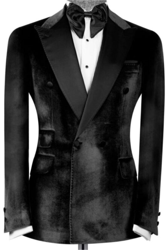 Tobias Fashion Black Velvet Peaked Lapel Double Breasted Prom Suits