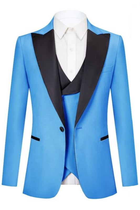 Quinn Fashion Blue Peaked Lapel Three Pieces Prom Suits