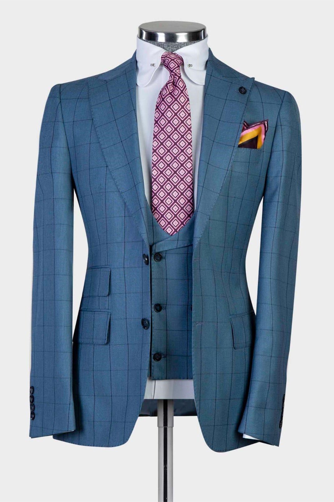 Gordon Fashion Blue Plaid Slim Fit Peaked Lapel Three Pieces Men Suits