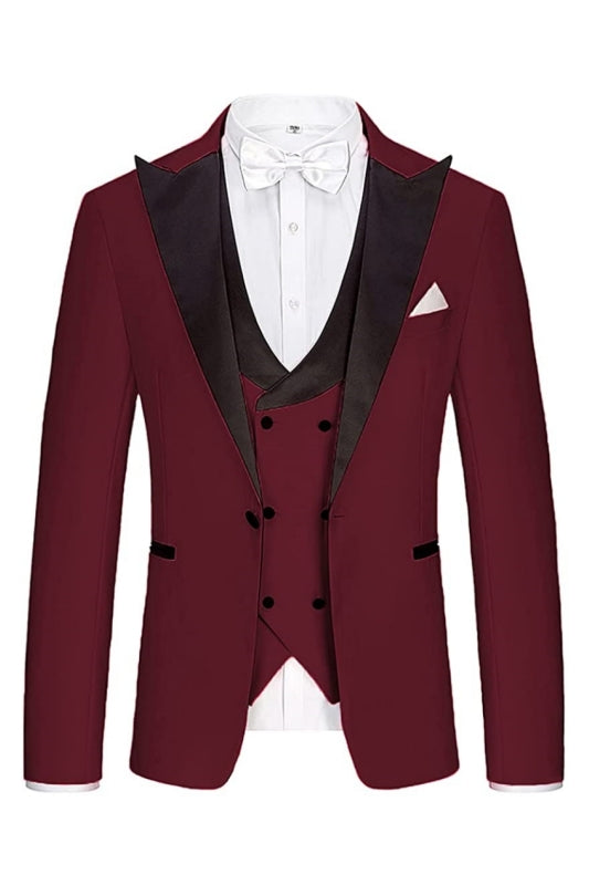 Hunter Fashion Burgundy Three Pieces Peaked Lapel Prom Suits