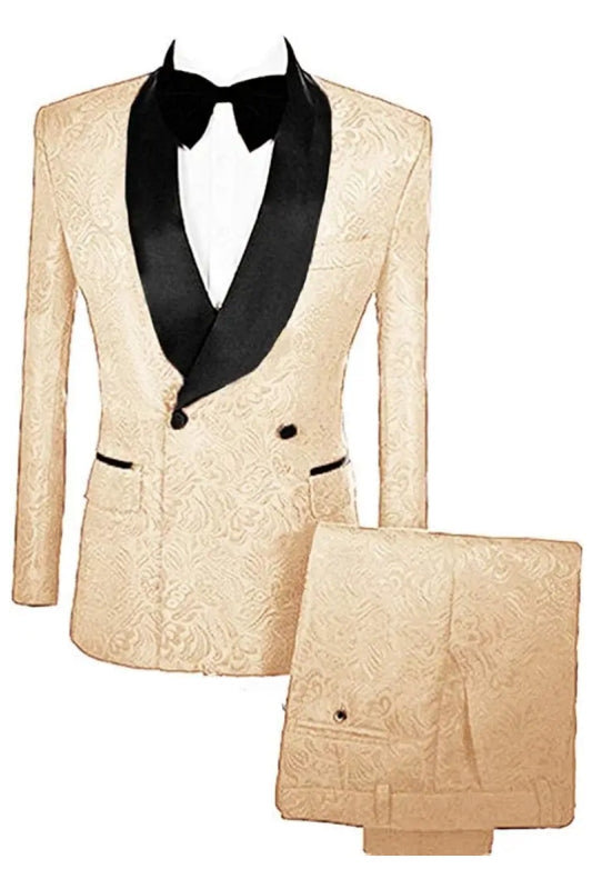 Maggie Fashion Champagne Double Breasted Jacquard Wedding Suits With Velvet Lapel