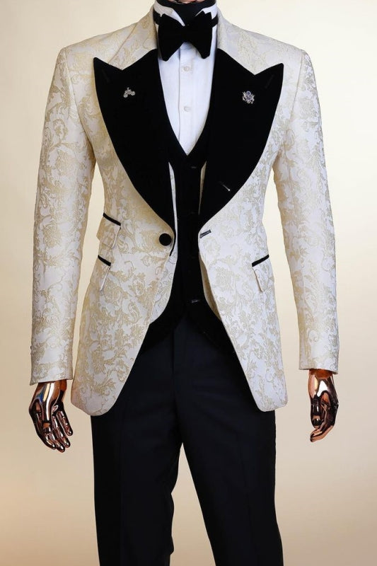 Burton Fashion Champagne Peaked Lapel Three Pieces Jacquard Prom Suits