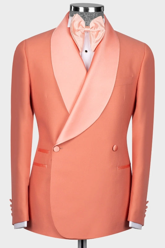 Haley Fashion Coral Shawl Lapel Double Breasted Wedding Suits
