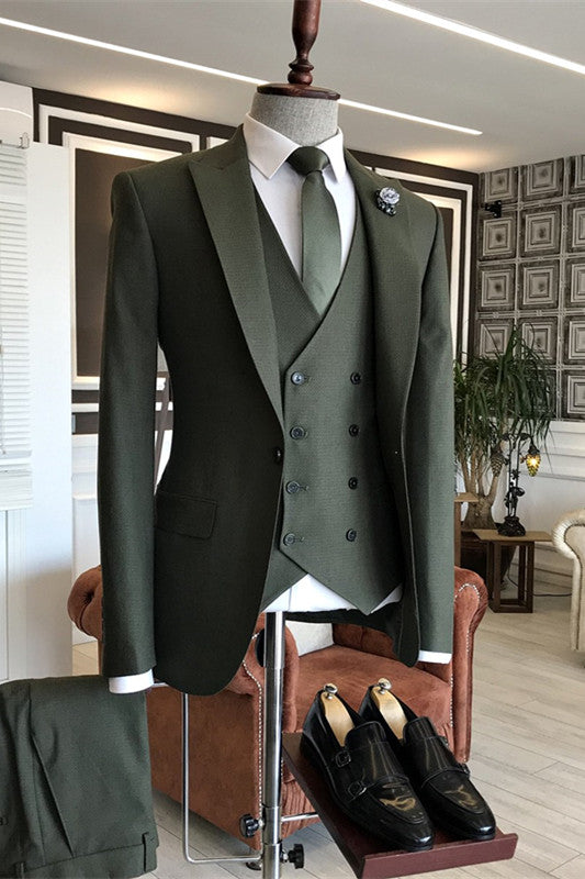 Elton Fashion Dark Green Peaked Lapel Three Pieces Prom Suits