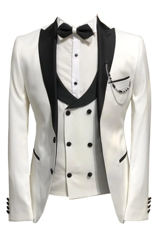 Jo Fashion Ivory White Peaked Lapel Three Pieces Prom Suits