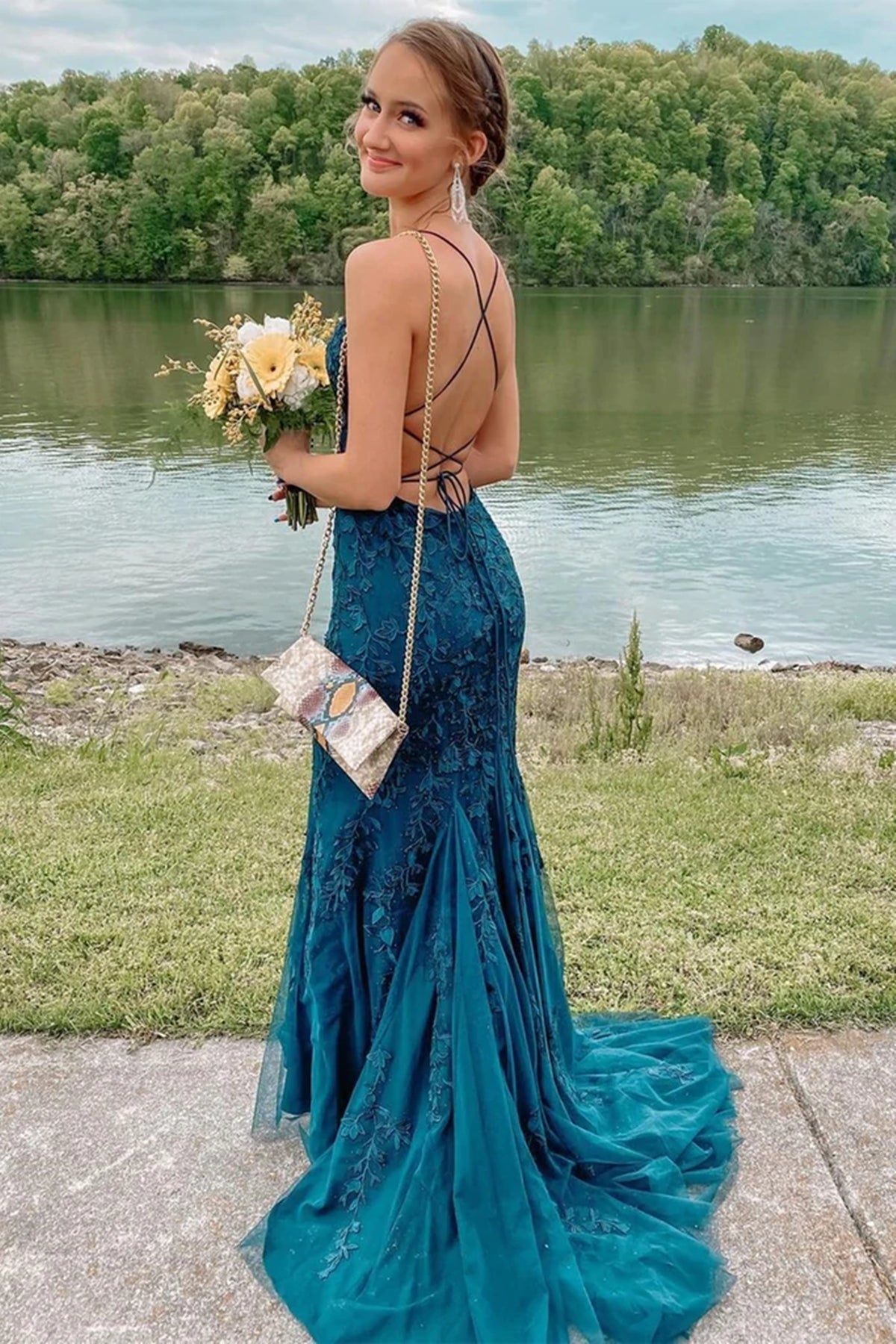Fashion Long Mermaid Lace Backless Prom Dress Modest Formal Evening Dresses-BIZTUNNEL