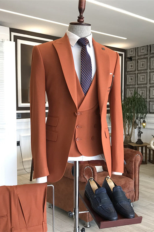 Erica Fashion Orange Peaked Lapel Three Pieces Men Suits For Prom