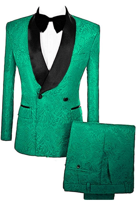 Matt Fashion Turquoise Double Breasted Jacquard Wedding Suits With Velvet Lapel