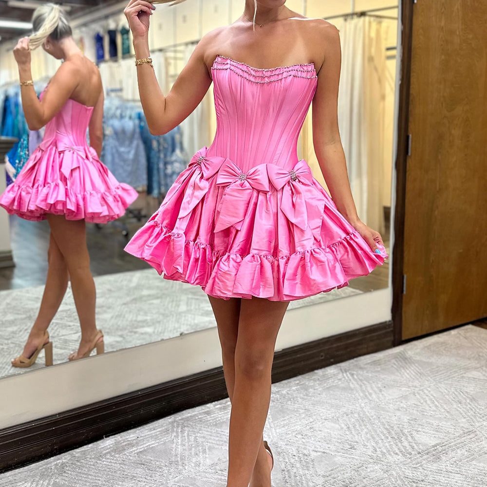 Fluffy Pink Corset Sweetheart A Line Short Homecoming Dress With Bow