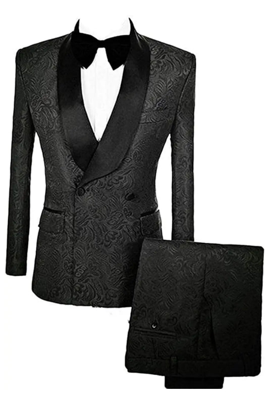 Madison Formal Black Double Breasted Jacquard Wedding Suits With Velvet Lapel