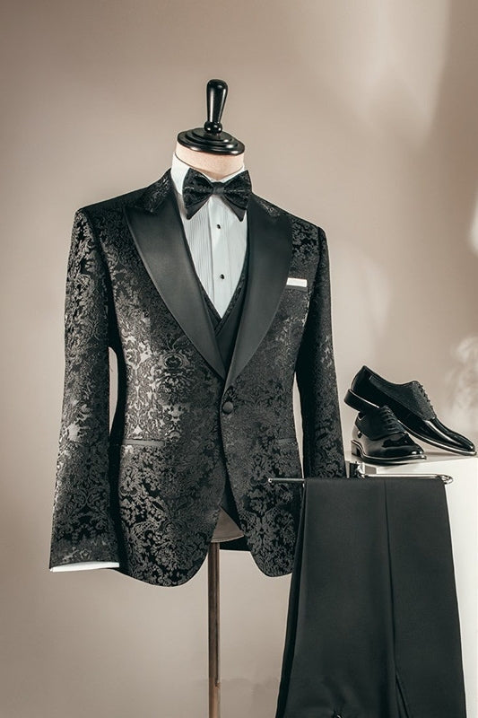 Bert Formal Black Peaked Laple Three Pieces Jacquard Prom Suits