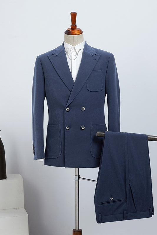 Haiey Formal Navy Blue Double Breasted Peaked Lapel Men Suits For Business