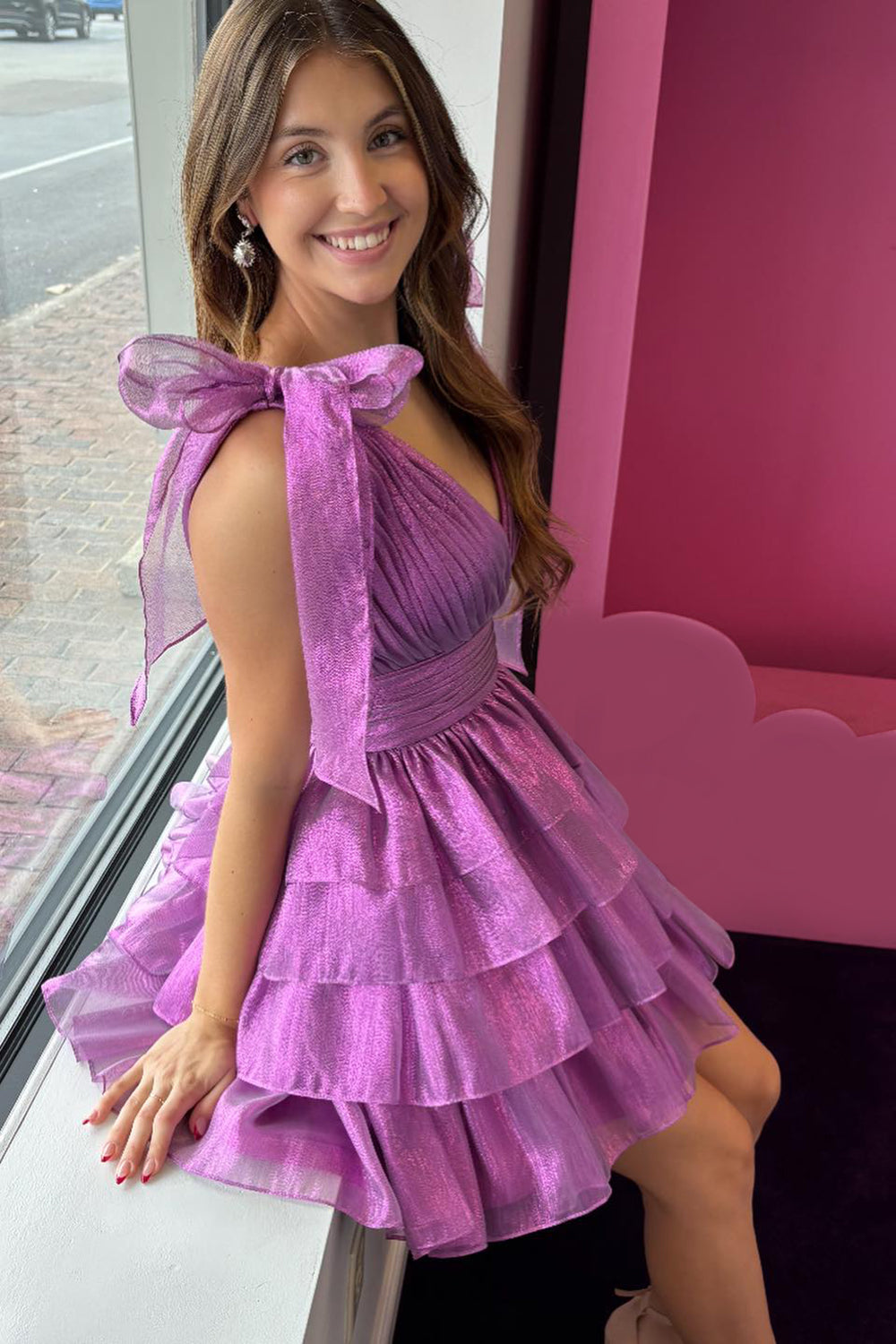 Fuchsia A Line V Neck Ruffled Short Homecoming Dress  BIZTUNNEL
