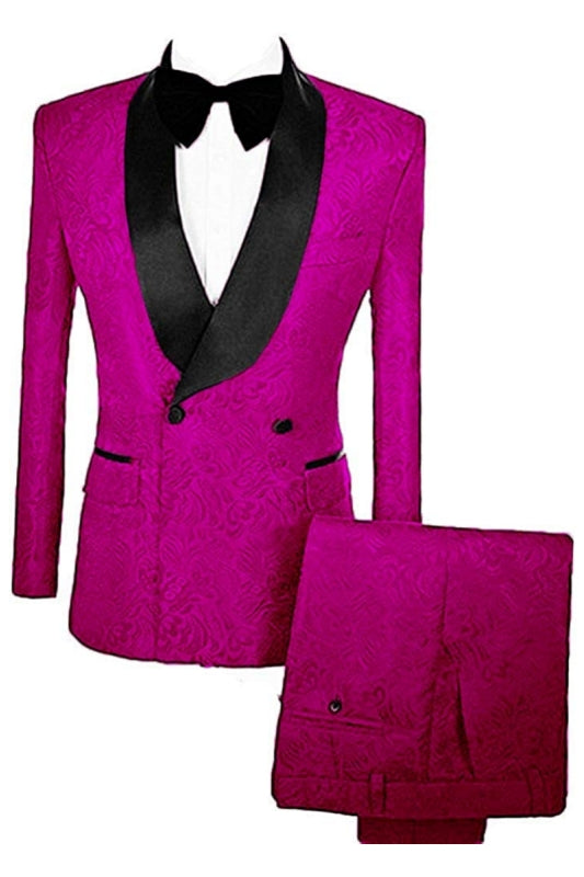 Malcolm Fuchsia Double Breasted Jacquard Close Fitting Wedding Suits With Velvet Lapel