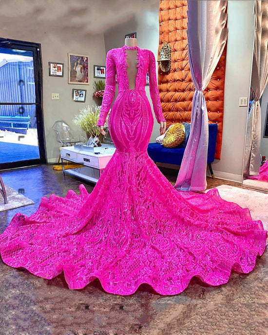 Fuchsia Long Mermaid Deep V-neck Sequined Prom Dress with Sleeves-BIZTUNNEL