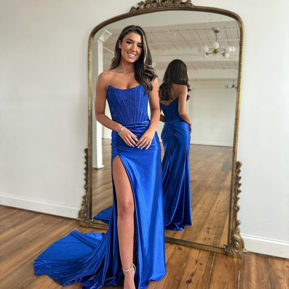 Combination Outfit Royal Blue Red And Blue Attire Fuchsia Mermaid Long Strapless Sleeveless Appliques Lace Prom Dress With Slit Combination Outfit Royal Blue Red And Blue Attire Fuchsia Mermaid Long Strapless Sleeveless Appliques Lace Prom Dress With Slit