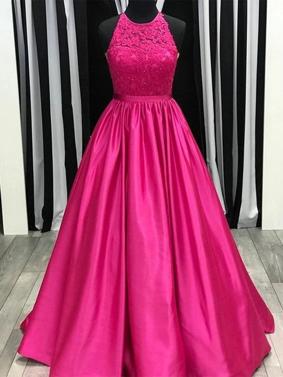 Fuscia Long A-line Halter Neck Satin Lace Formal Prom Dresses-BIZTUNNEL