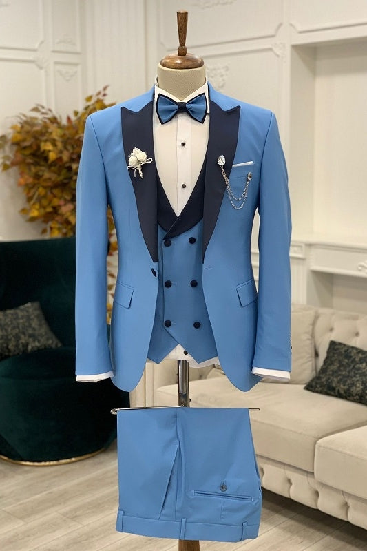 Beacher Glamorous Blue Three Pieces Prom Suits With Navy Blue Peaked Lapel