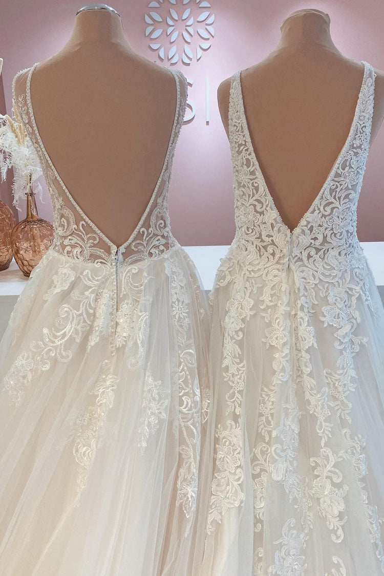 Awesome Long A-line Appliques Lace Tulle Open Back Wedding Dress