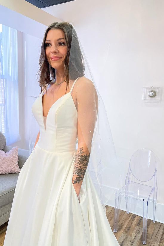 Glamorous Long A-Line Sweetheart Satin Backless Wedding Dress With Pockets-BIZTUNNEL