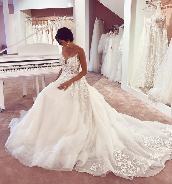 Glamorous Long A-Line V-neck Appliques Lace Tulle Wedding Dress-BIZTUNNEL