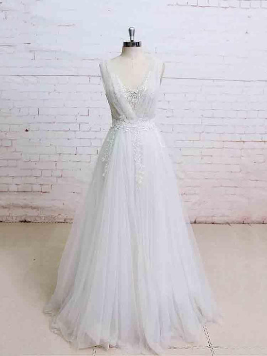 Glamorous Long A-line V-Neck Backless Tulle Wedding Dresses-BIZTUNNEL