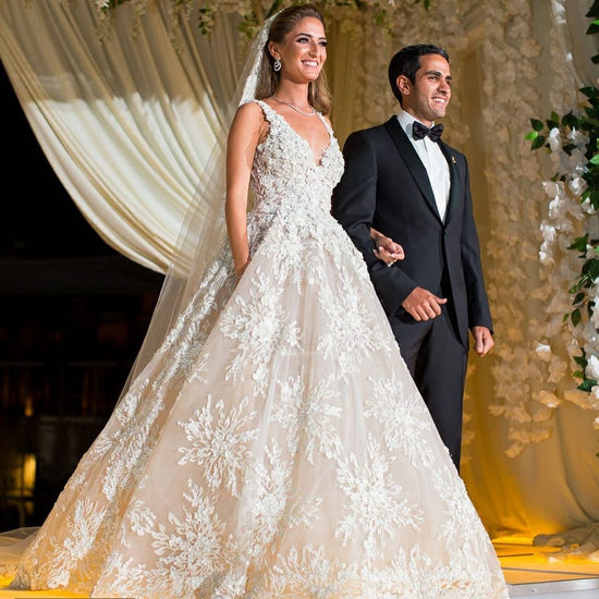 Glamorous Long A-line V-neck Lace Wedding Dress-BIZTUNNEL