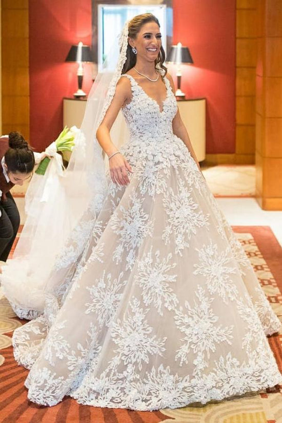 Glamorous Long A-line V-neck Lace Wedding Dress-BIZTUNNEL