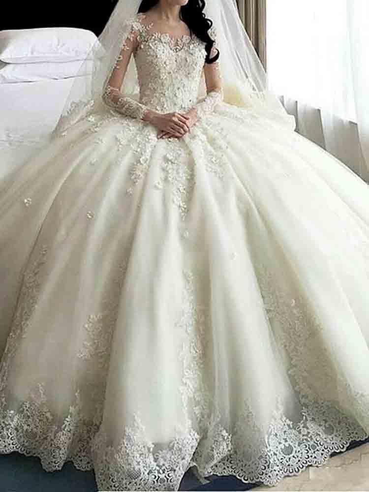 Glamorous Long Ball Gown Lace Beaded Wedding Dresses with Sleeves-BIZTUNNEL