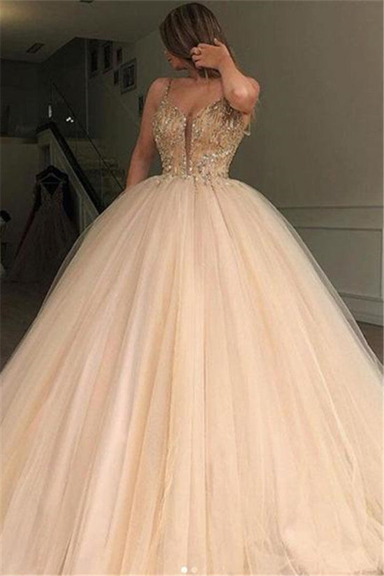 Charger l&amp;#39;image dans la galerie, Glamorous Long Ball Gown Spaghetti Straps Beaded Tulle Prom Dresses-BIZTUNNEL
