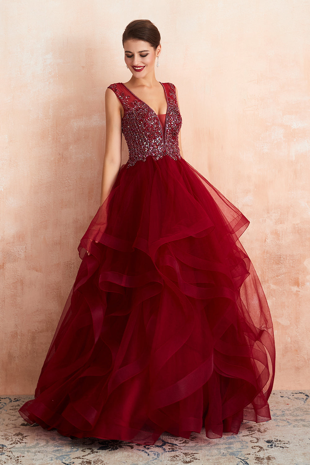 Glamorous Long Ball Gown V-neck Tulle Burgundy Prom Dress-BIZTUNNEL