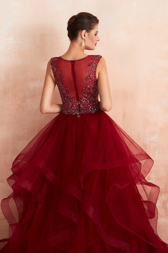 Glamorous Long Ball Gown V-neck Tulle Burgundy Prom Dress-BIZTUNNEL