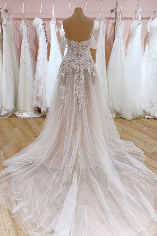 Carregar imagem no visualizador da galeria, Glamorous Long Mermaid Bateau Appliques Lace Tulle Wedding Dress-BIZTUNNEL
