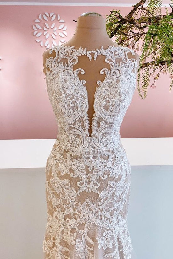 Carregar imagem no visualizador da galeria, Glamorous Long Mermaid Bateau Appliques Lace Tulle Wedding Dress-BIZTUNNEL
