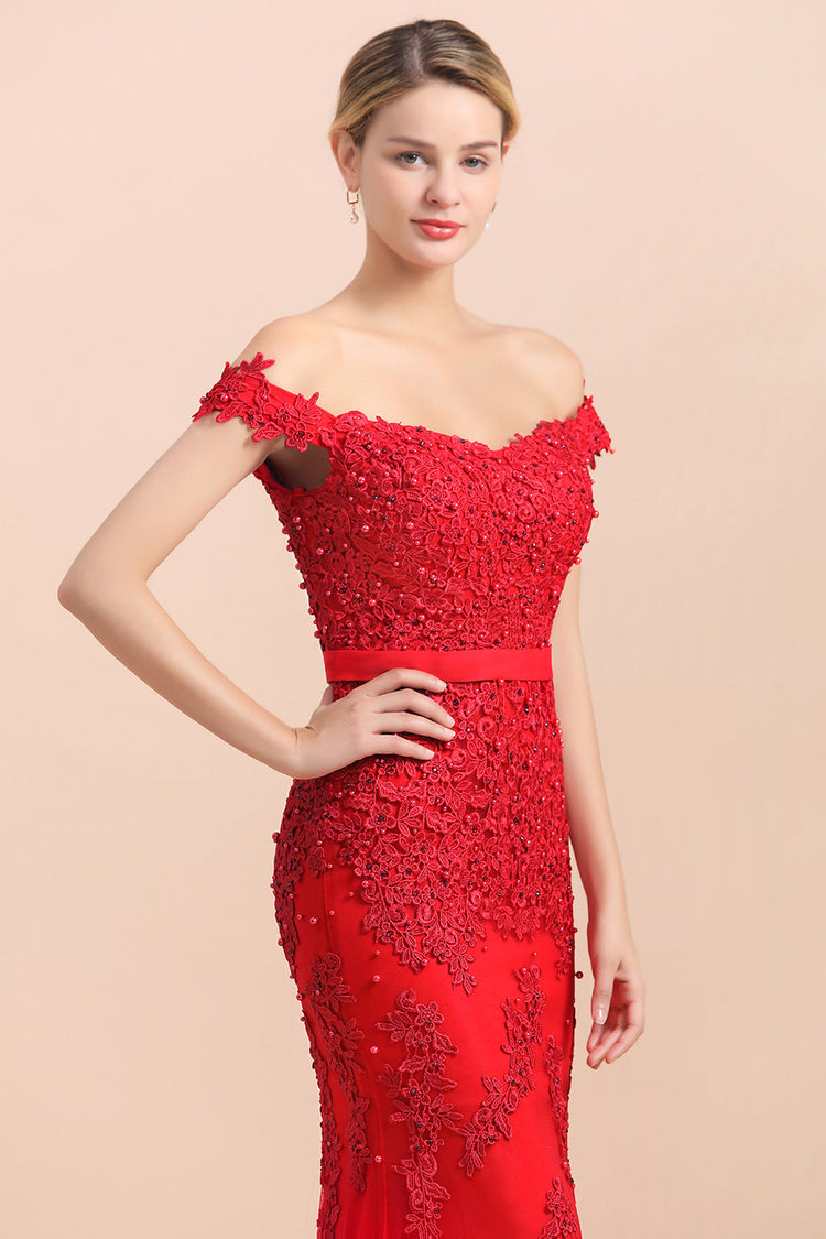 Black Lace Off Shoulder High Low Mermaid Bridesmaid Dresses, AB4038 main image 1
