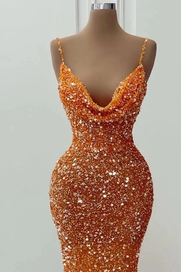 Glamorous Long Mermaid Spaghetti Straps Sequined Formal Prom Dresses-BIZTUNNEL
