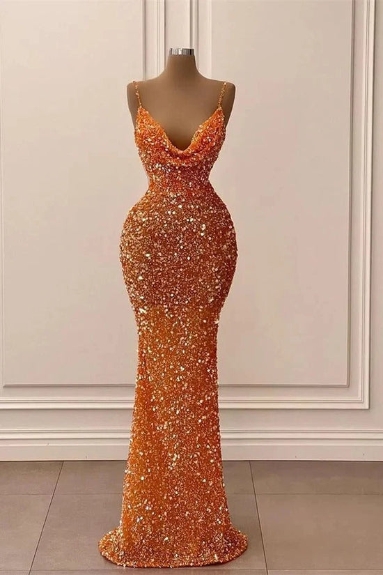 Glamorous Long Mermaid Spaghetti Straps Sequined Formal Prom Dresses-BIZTUNNEL