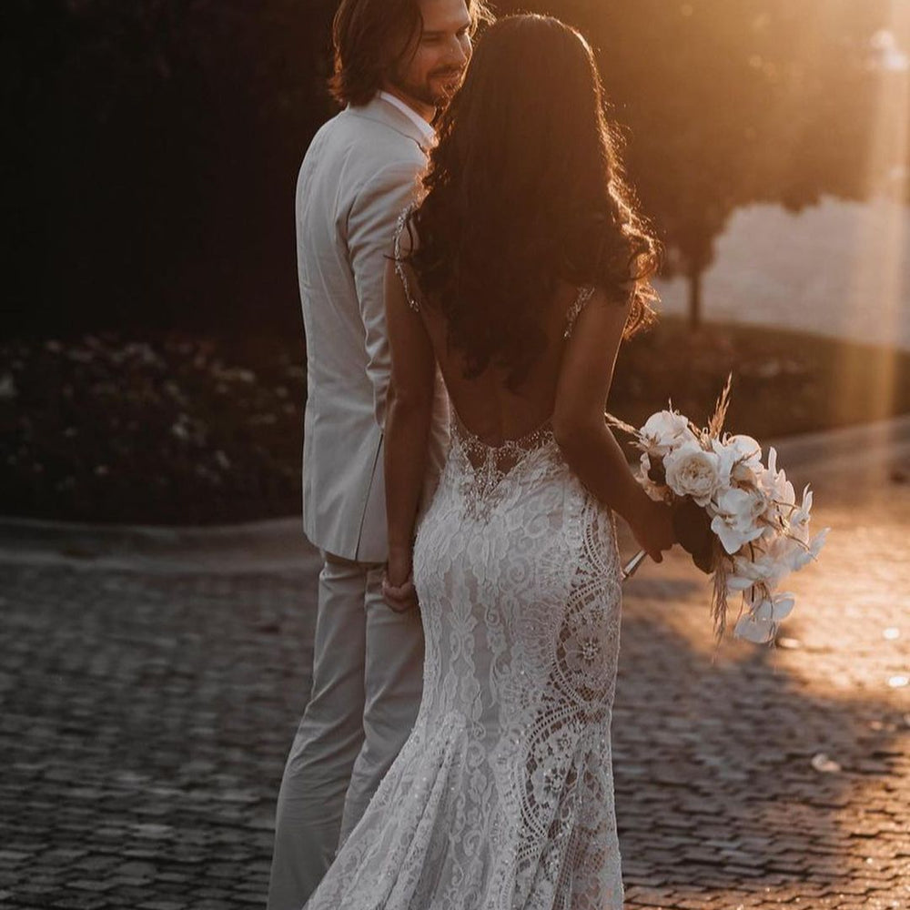 Glamorous Long Mermaid V-neck Wide Straps Appliques Lace Open Back Wedding Dress Glamorous Long Mermaid V-neck Wide Straps Appliques Lace Open Back Wedding Dress