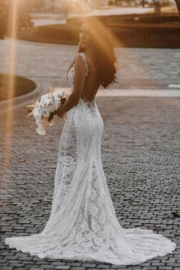Glamorous Long Mermaid V-neck Wide Straps Appliques Lace Open Back Wedding Dress-BIZTUNNEL