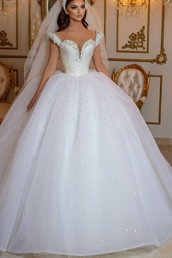 Glamorous Long Princess Off the Shoulder Beading Pearl Tulle Wedding D